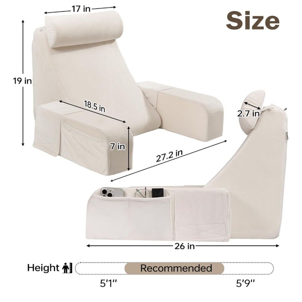 ENITYA Reading Pillow with Arms & Headrest – Bed Backrest Support –cream